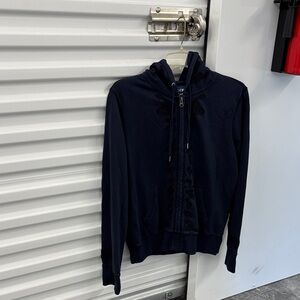 Lucky Brand Dark Blue Zip Up Hoodie Jacket Sweatshirt Intricate Floral Trim M